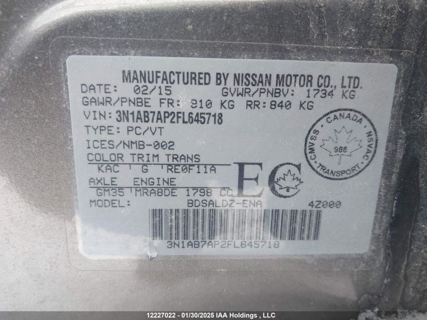 2015 Nissan Sentra 1.8 S/1.8 Sl/1.8 Sr/1.8 Sv VIN: 3N1AB7AP2FL645718 Lot: 12227022