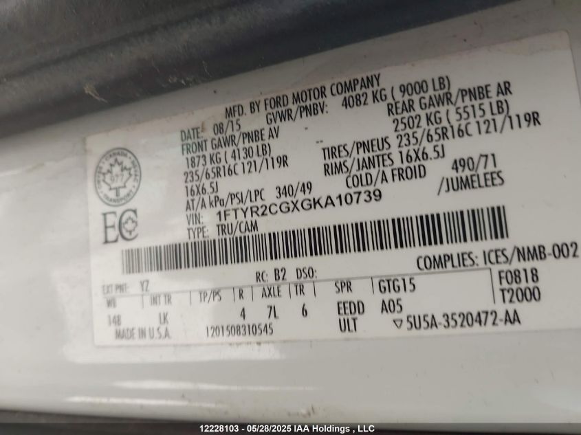 2016 Ford Transit-250 VIN: 1FTYR2CGXGKA10739 Lot: 12228103