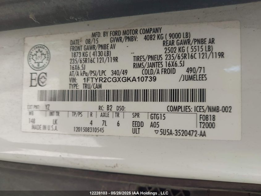 2016 Ford Transit-250 VIN: 1FTYR2CGXGKA10739 Lot: 12228103