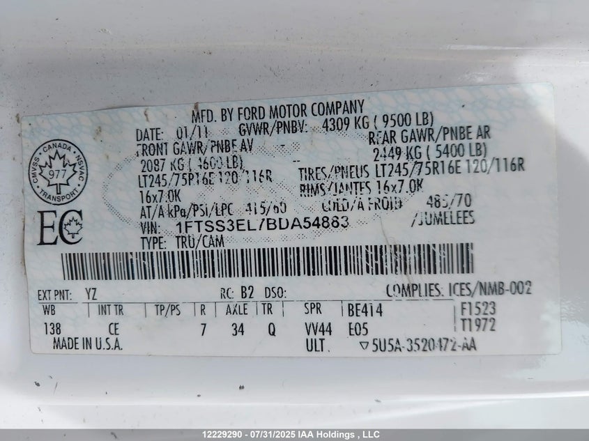 2011 Ford E-350 Super Duty Commercial VIN: 1FTSS3EL7BDA54883 Lot: 12229290