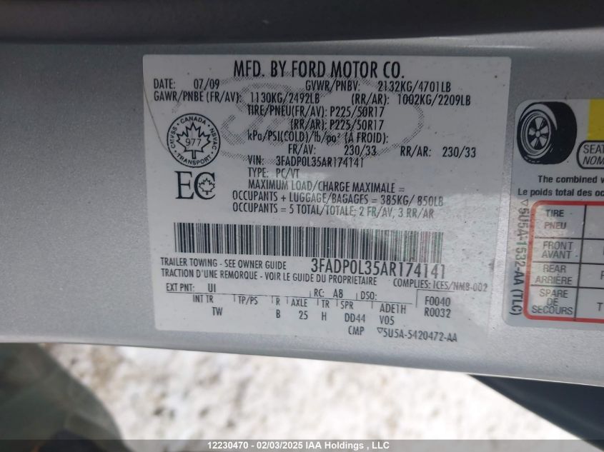 2010 Ford Fusion Hybrid Hybrid VIN: 3FADP0L35AR174141 Lot: 12230470