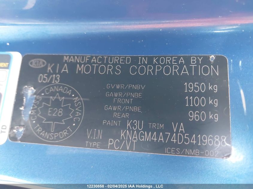 2013 Kia Optima VIN: KNAGM4A74D5419688 Lot: 12230858