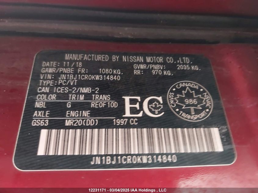 2019 Nissan Qashqai VIN: JN1BJ1CR0KW314840 Lot: 12231171