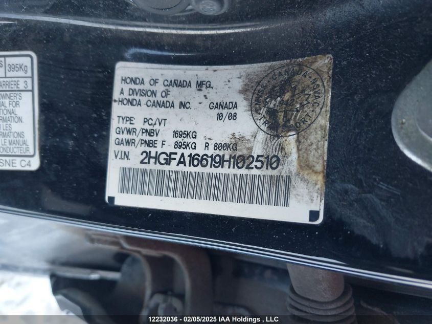 2009 Honda Civic Sdn VIN: 2HGFA16619H102510 Lot: 12232036