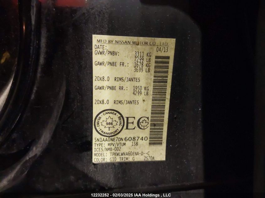 2013 Nissan Armada VIN: 5N1AA0NE7DN608740 Lot: 12232252