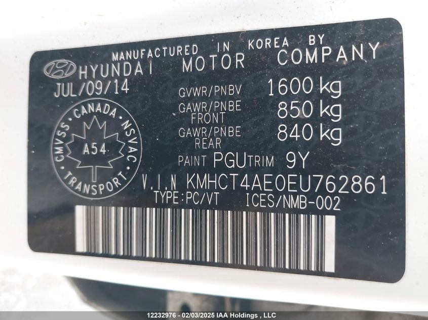 2014 Hyundai Accent L VIN: KMHCT4AE0EU762861 Lot: 12232976