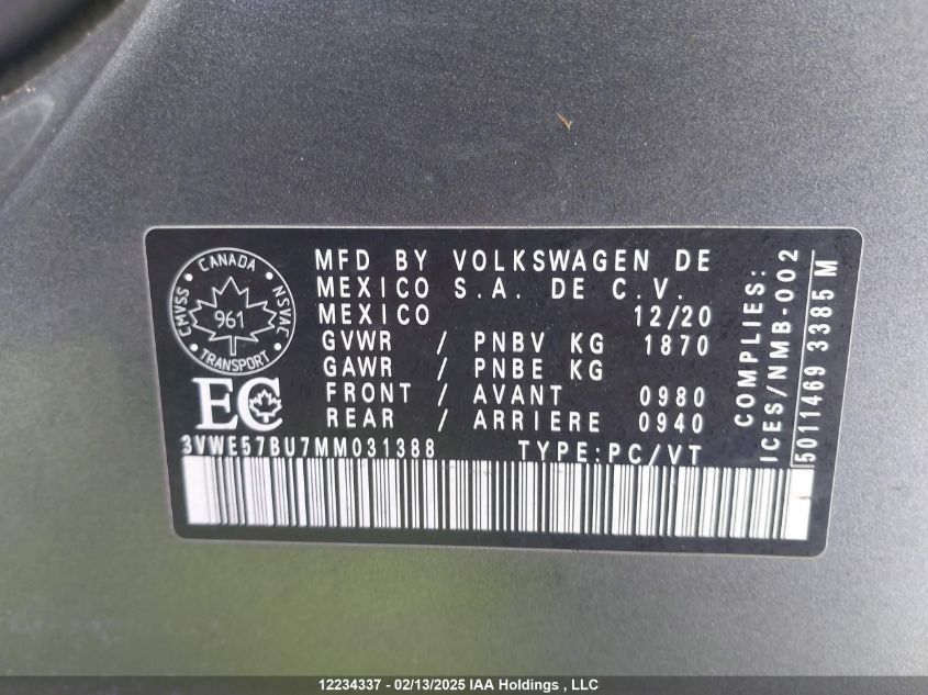 2021 Volkswagen Jetta VIN: 3VWE57BU7MM031388 Lot: 12234337