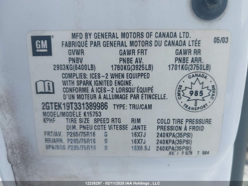2003 GMC Sierra 1500 VIN: 2GTEK19T331389986 Lot: 12235297