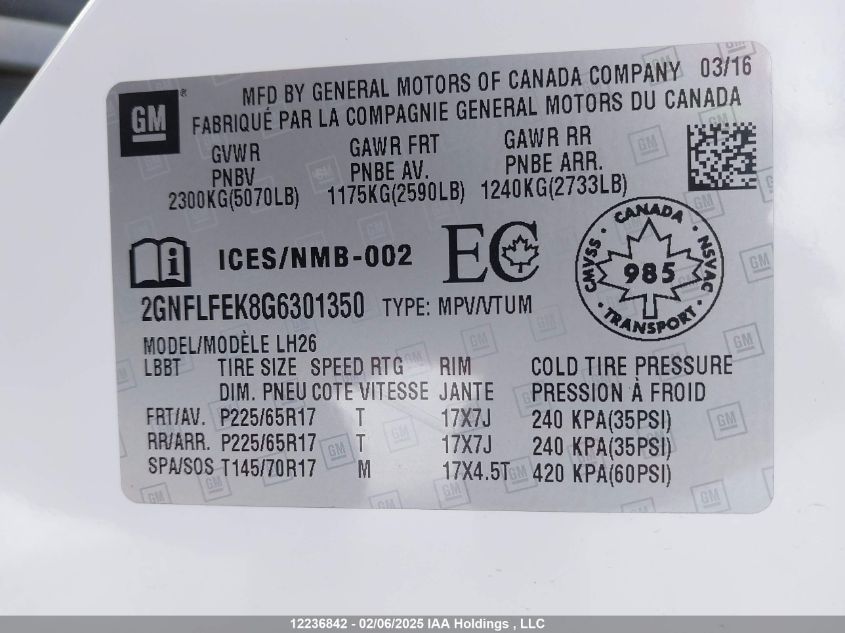 2016 Chevrolet Equinox 1Lt VIN: 2GNFLFEK8G6301350 Lot: 12236842