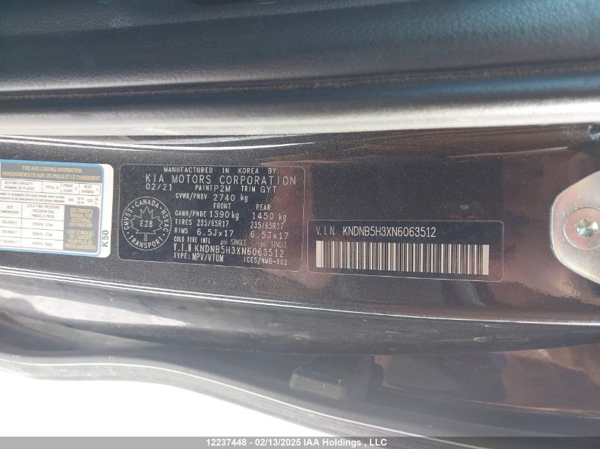 2022 Kia Carnival Lx/Lx+ VIN: KNDNB5H3XN6063512 Lot: 12237448