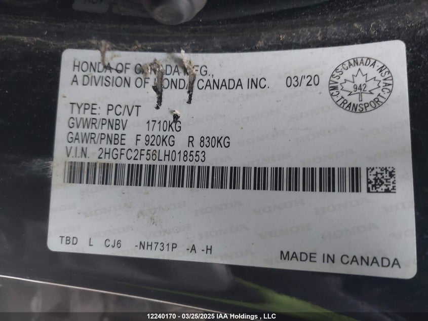 2HGFC2F56LH018553 2020 HONDA CIVIC photo no. 9