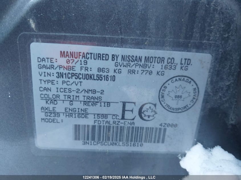 2019 Nissan Kicks S/Sr/Sv VIN: 3N1CP5CU0KL551610 Lot: 12241306