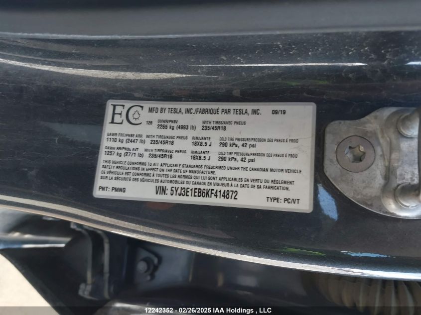 2019 Tesla Model 3 VIN: 5YJ3E1EB6KF414872 Lot: 12242352