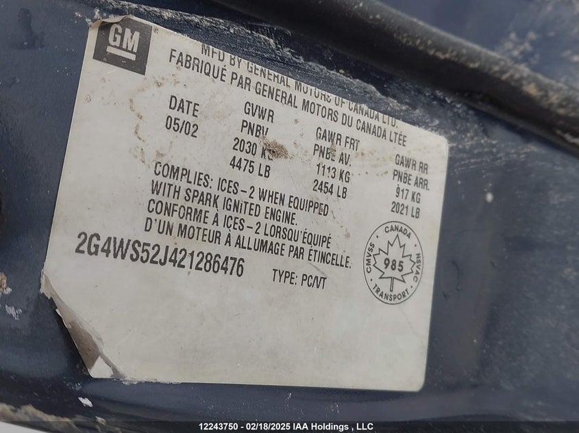 2G4WS52J421286476 2002 BUICK CENTURY photo no. 9