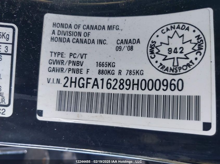 2009 Honda Civic VIN: 2HGFA16289H000960 Lot: 12244455
