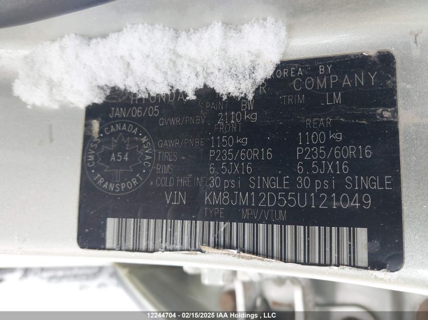 2005 Hyundai Tucson Gl VIN: KM8JM12D55U121049 Lot: 12244704