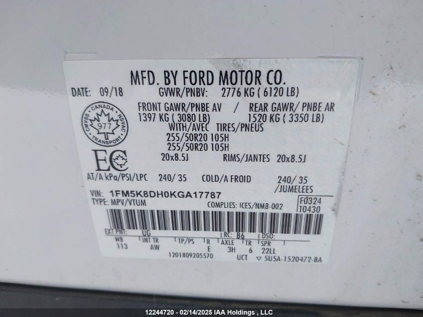 2019 Ford Explorer Xlt VIN: 1FM5K8DH0KGA17787 Lot: 12244720