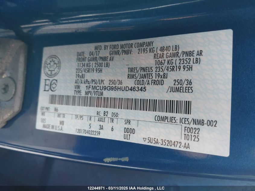 2017 Ford Escape Se VIN: 1FMCU9G95HUD46345 Lot: 12244971