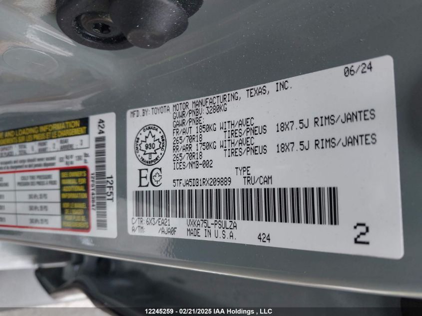 2024 Toyota Tundra Limited VIN: 5TFJA5DB1RX209889 Lot: 12245259