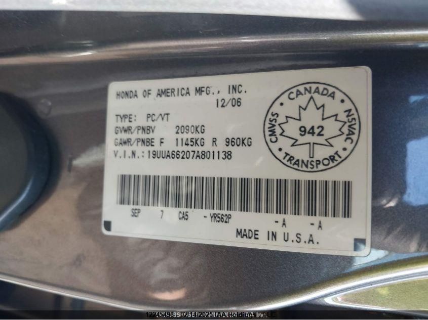 2007 Acura Tl 3.2 VIN: 19UUA66207A801138 Lot: 12245498