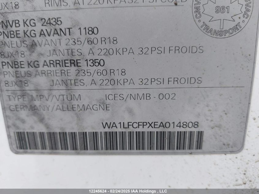 2014 Audi Q5 VIN: WA1LFCFPXEA014808 Lot: 12245624