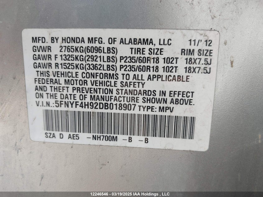 5FNYF4H92DB018907 2013 HONDA PILOT photo no. 19