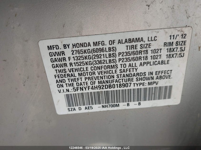 5FNYF4H92DB018907 2013 HONDA PILOT photo no. 9