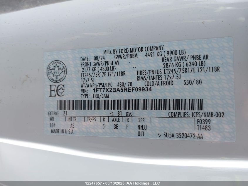 2024 Ford F-250 Xl VIN: 1FT7X2BA5REF09934 Lot: 12247657