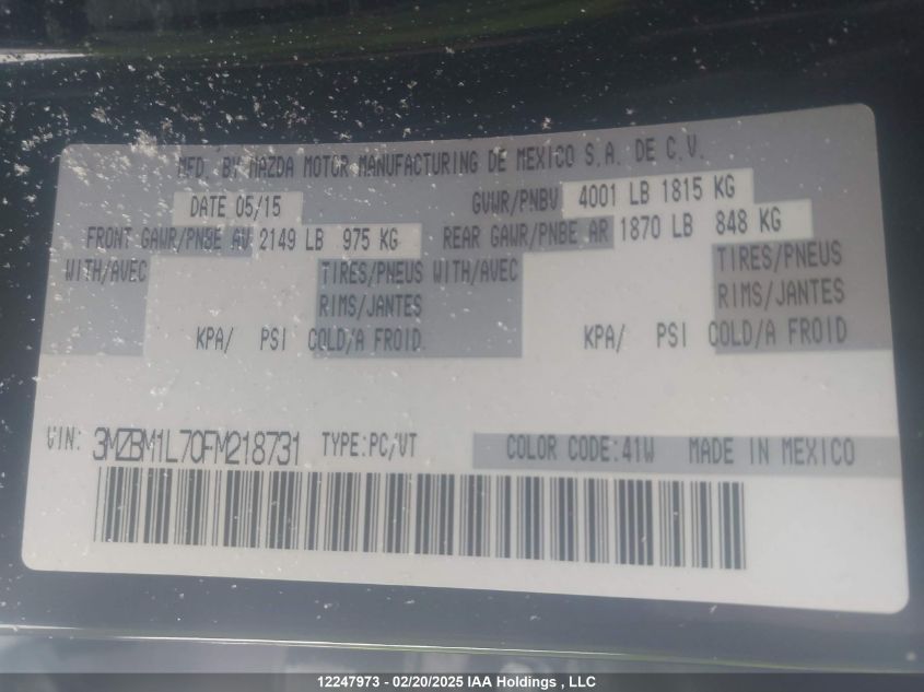 2015 Mazda Mazda3 VIN: 3MZBM1L70FM218731 Lot: 12247973