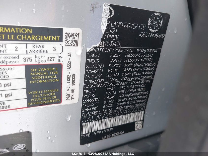 2022 Land Rover Range Rover Sport VIN: SALWV2SE8NA200330 Lot: 12248616