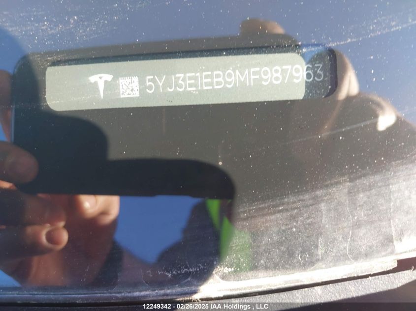 2021 Tesla Model 3 VIN: 5YJ3E1EB9MF987963 Lot: 12249342