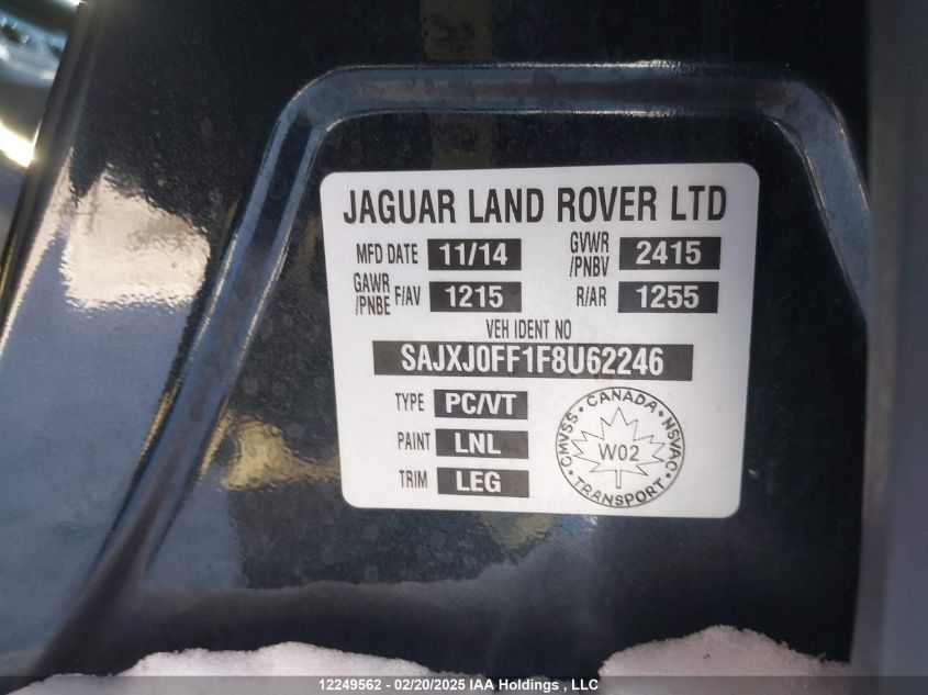 2015 Jaguar Xf VIN: SAJXJ0FF1F8U62246 Lot: 12249562