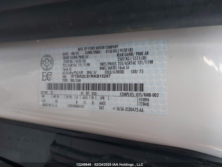 2024 Ford Transit T-250 VIN: 1FTBR2C81RKB15297 Lot: 12249646