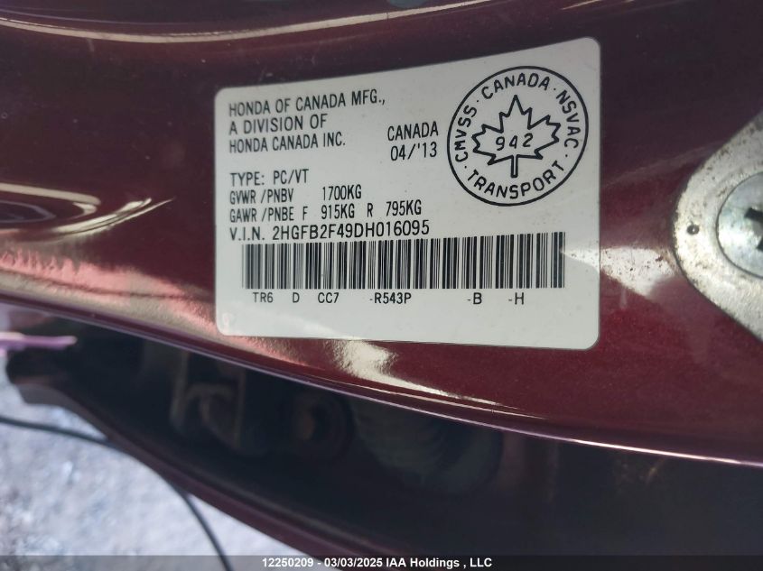 2013 Honda Civic Sdn VIN: 2HGFB2F49DH016095 Lot: 12250209