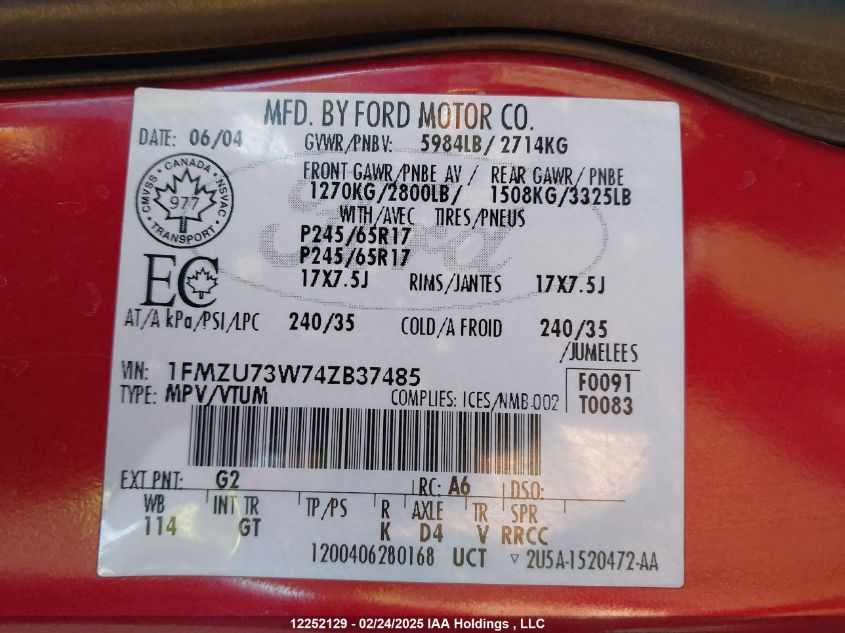 2004 Ford Explorer Xlt/Xlt Sport/Nbx VIN: 1FMZU73W74ZB37485 Lot: 12252129