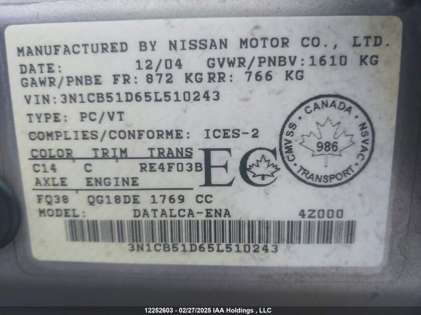 2005 Nissan Sentra VIN: 3N1CB51D65L510243 Lot: 12252603