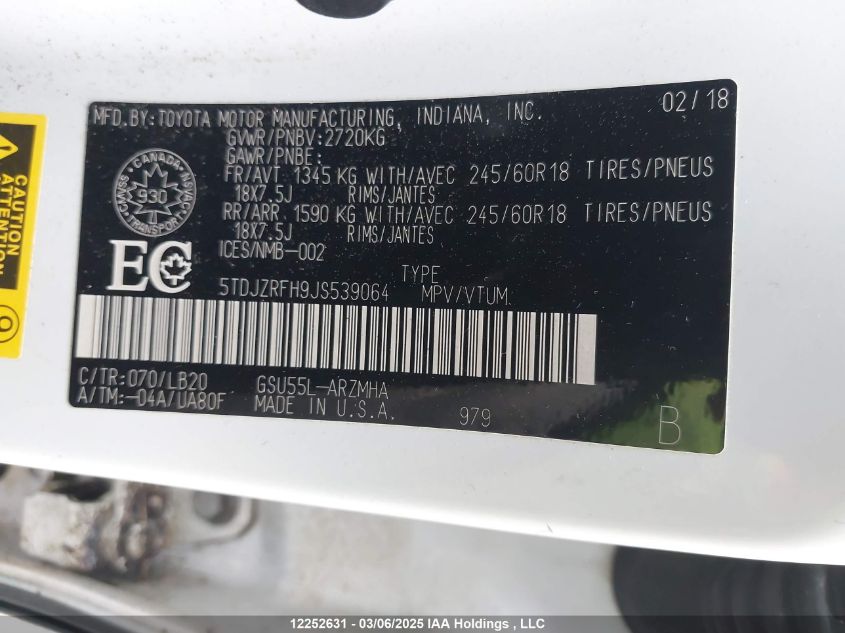 2018 Toyota Highlander Se/Xle VIN: 5TDJZRFH9JS539064 Lot: 12252631