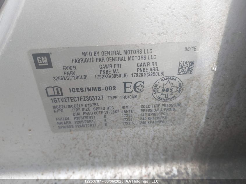 2015 GMC Sierra 1500 VIN: 1GTV2TEC7FZ363727 Lot: 12253707