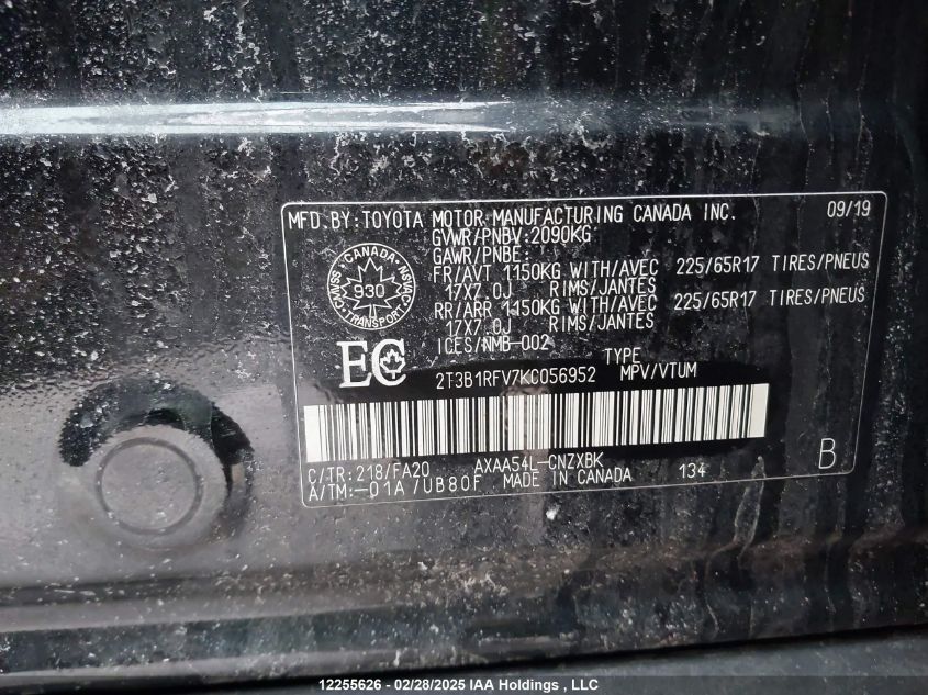 2019 Toyota Rav4 Le VIN: 2T3B1RFV7KC056952 Lot: 12255626