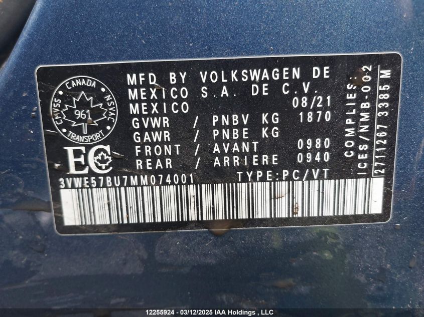 2021 Volkswagen Jetta VIN: 3VWE57BU7MM074001 Lot: 12255924