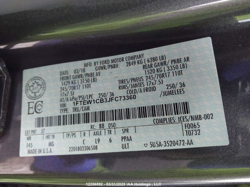 2018 Ford F150 Supercrew VIN: 1FTEW1CB3JFC73360 Lot: 12256592