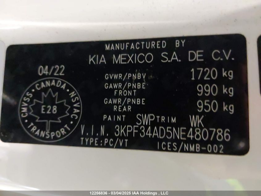2022 Kia Forte VIN: 3KPF34AD5NE480786 Lot: 12256836