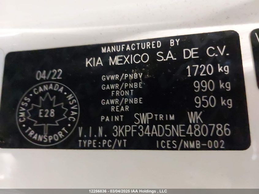 2022 Kia Forte VIN: 3KPF34AD5NE480786 Lot: 12256836