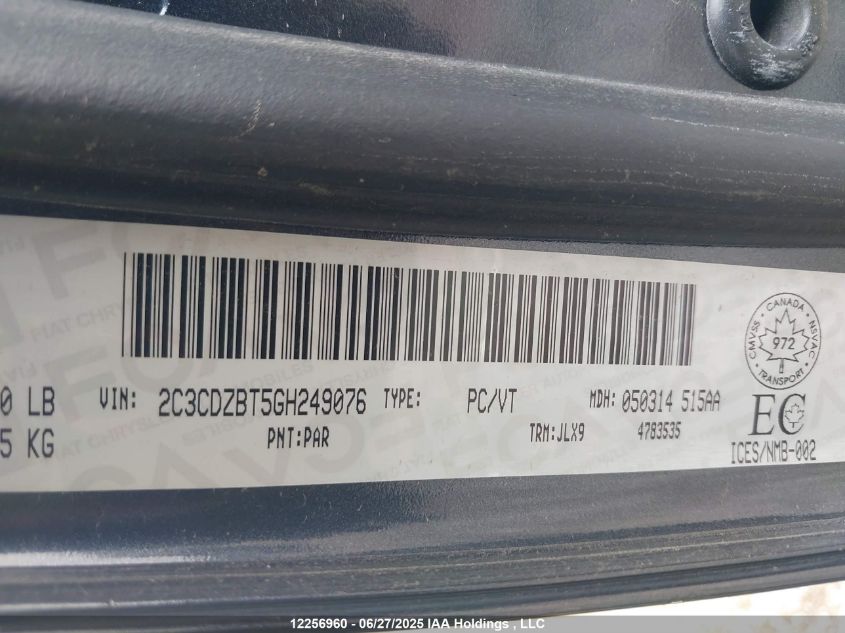 2016 Dodge Challenger VIN: 2C3CDZBT5GH249076 Lot: 12256960