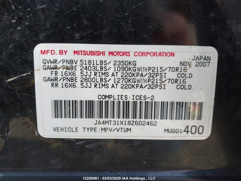 2008 Mitsubishi Outlander Ls VIN: JA4MT31X18Z602462 Lot: 12258061