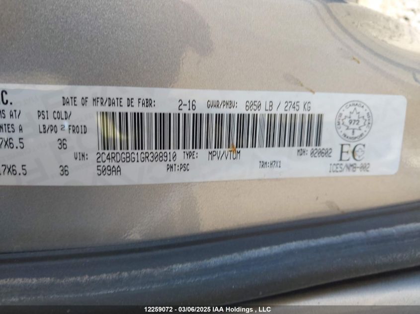 2016 Dodge Grand Caravan Se/Sxt VIN: 2C4RDGBG1GR308910 Lot: 12259072