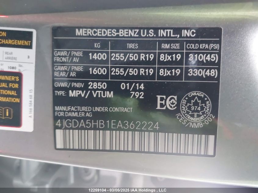 2014 Mercedes-Benz Ml 350 4Matic VIN: 4JGDA5HB1EA362224 Lot: 12259104