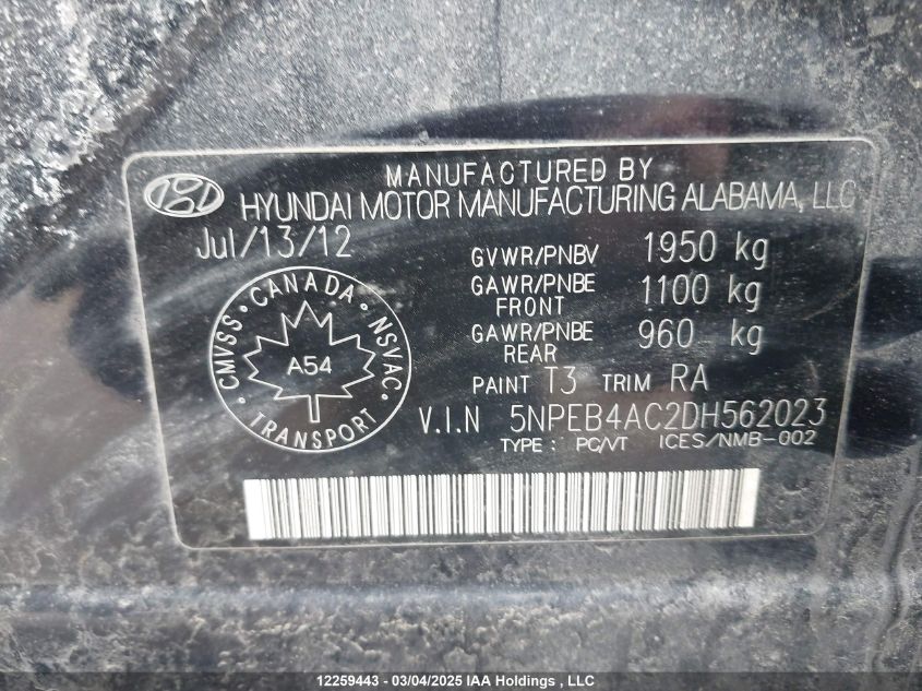 2013 Hyundai Sonata Gls VIN: 5NPEB4AC2DH562023 Lot: 12259443