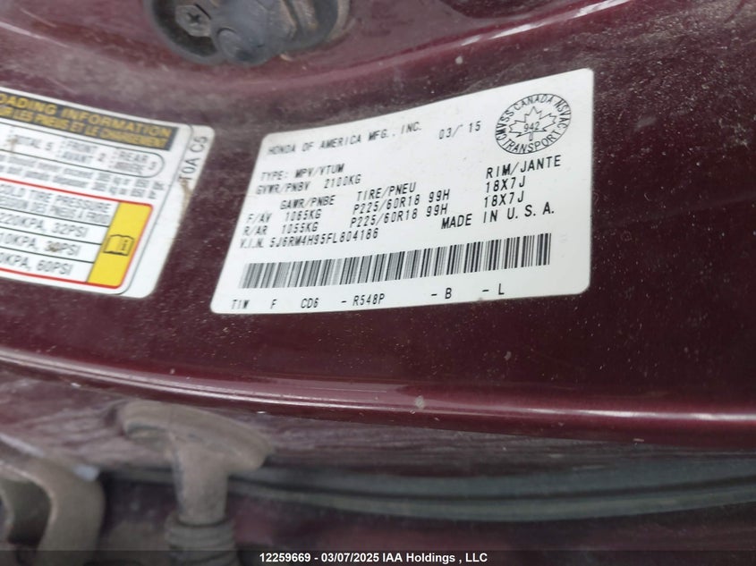 2015 Honda Cr-V VIN: 5J6RM4H95FL804186 Lot: 12259669