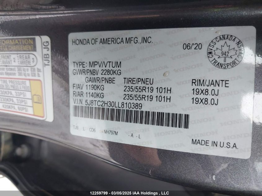 2020 Acura Rdx VIN: 5J8TC2H30LL810389 Lot: 12259799